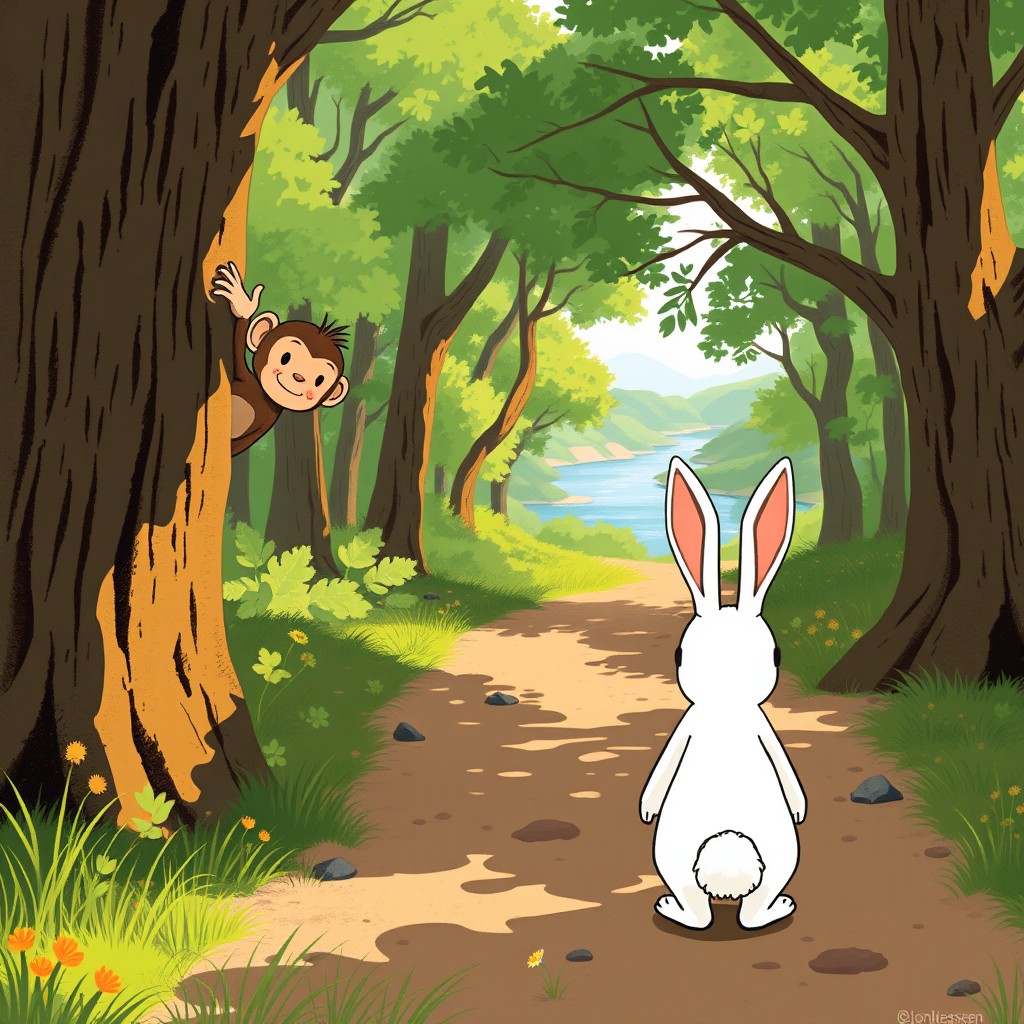 On a sunny summer day at the end of a forest path, a little monkey peeks out from behind a tree, waving playfully