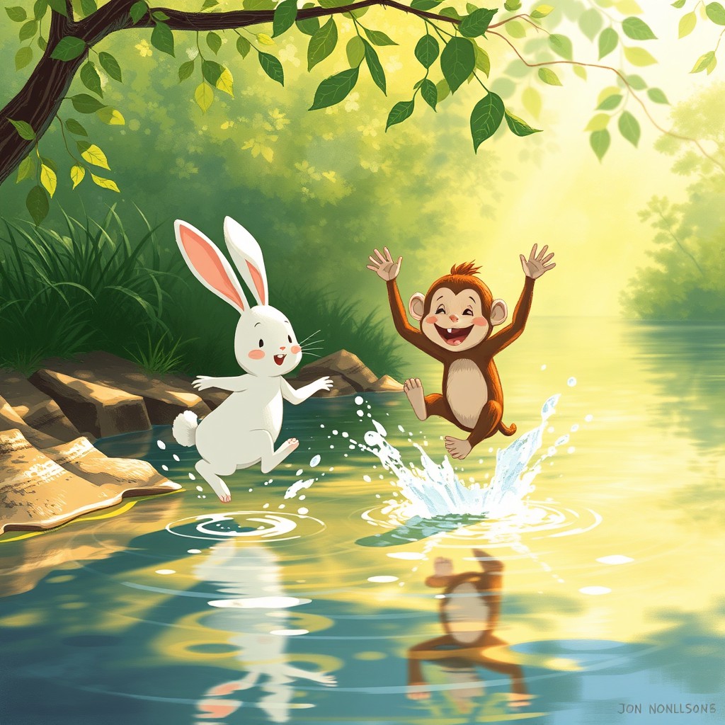 On a sunny summer day by a shallow riverbank, a little white rabbit and a playful monkey are joyfully leaping in the water, splashing droplets that shimmer in the sunlight