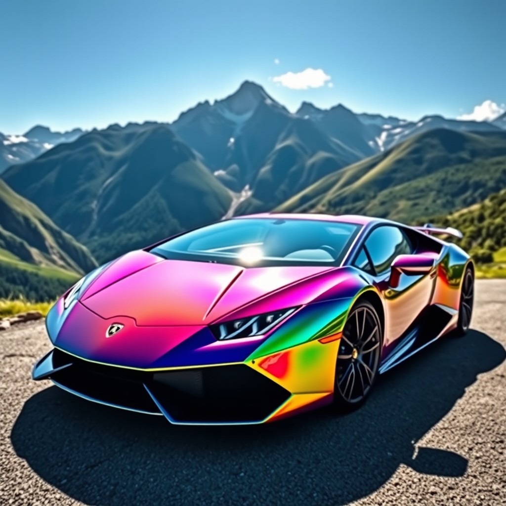 A stunning, shiny rainbow-colored Lamborghini parked in a breathtaking mountain landscape