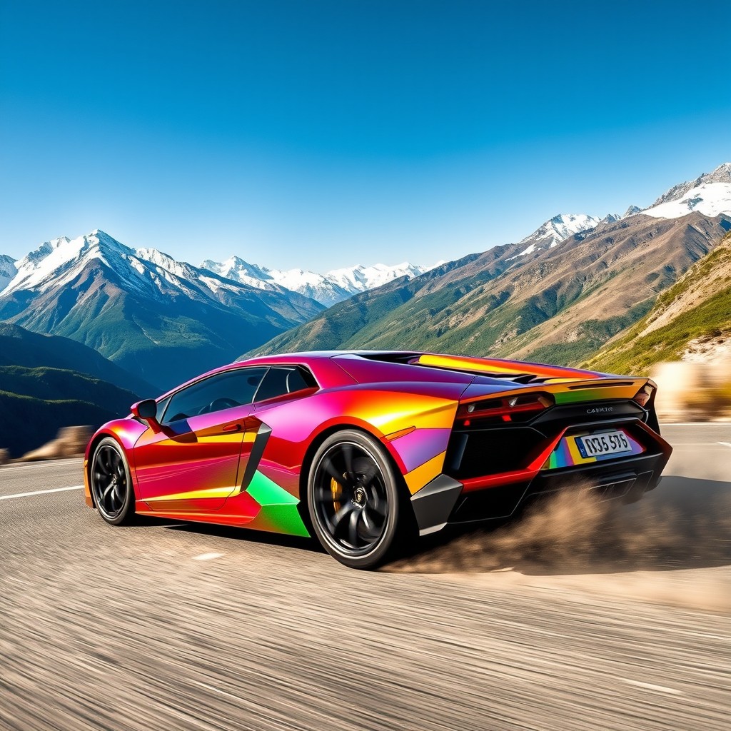 A cool, shiny, rainbow-colored Lamborghini zooming through a stunning mountain landscape