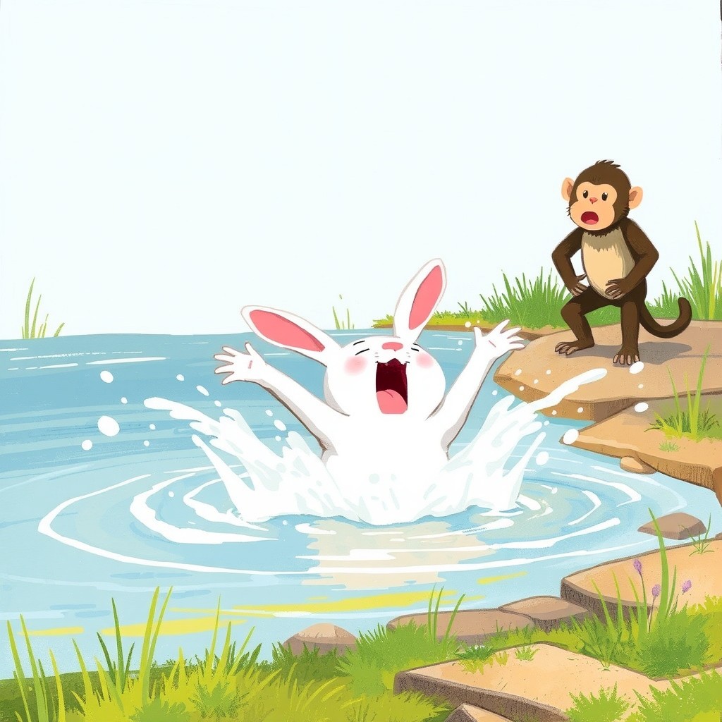On a bright summer day by a pond, a little white rabbit is sprawled out in the water, its arms flailing in panic as it unexpectedly falls in, creating a splash of water all around