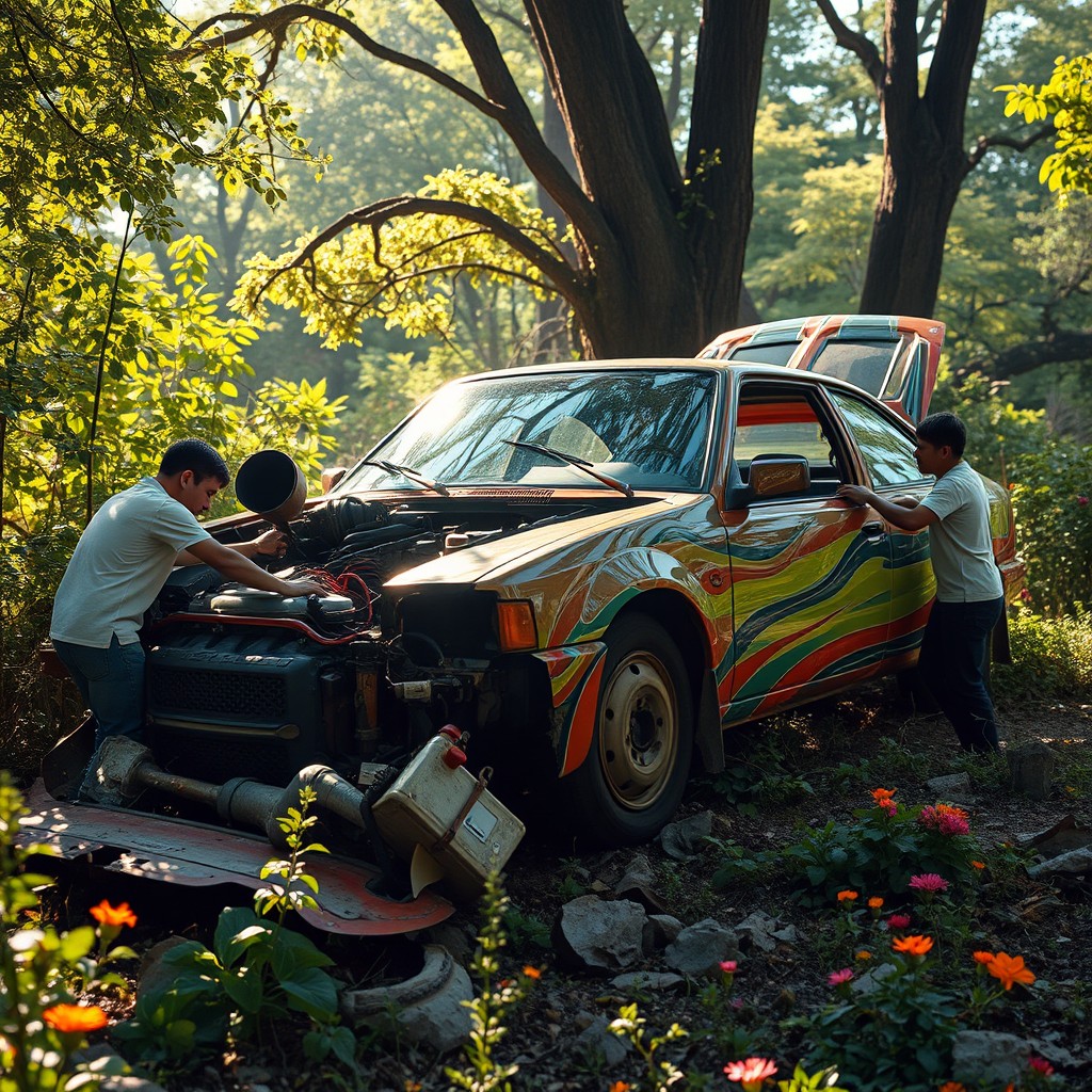 A dramatic scene of a car transformation featuring a vibrant, colorful Celta car emerging from the remnants of an abandoned vehicle in a lush, overgrown environment