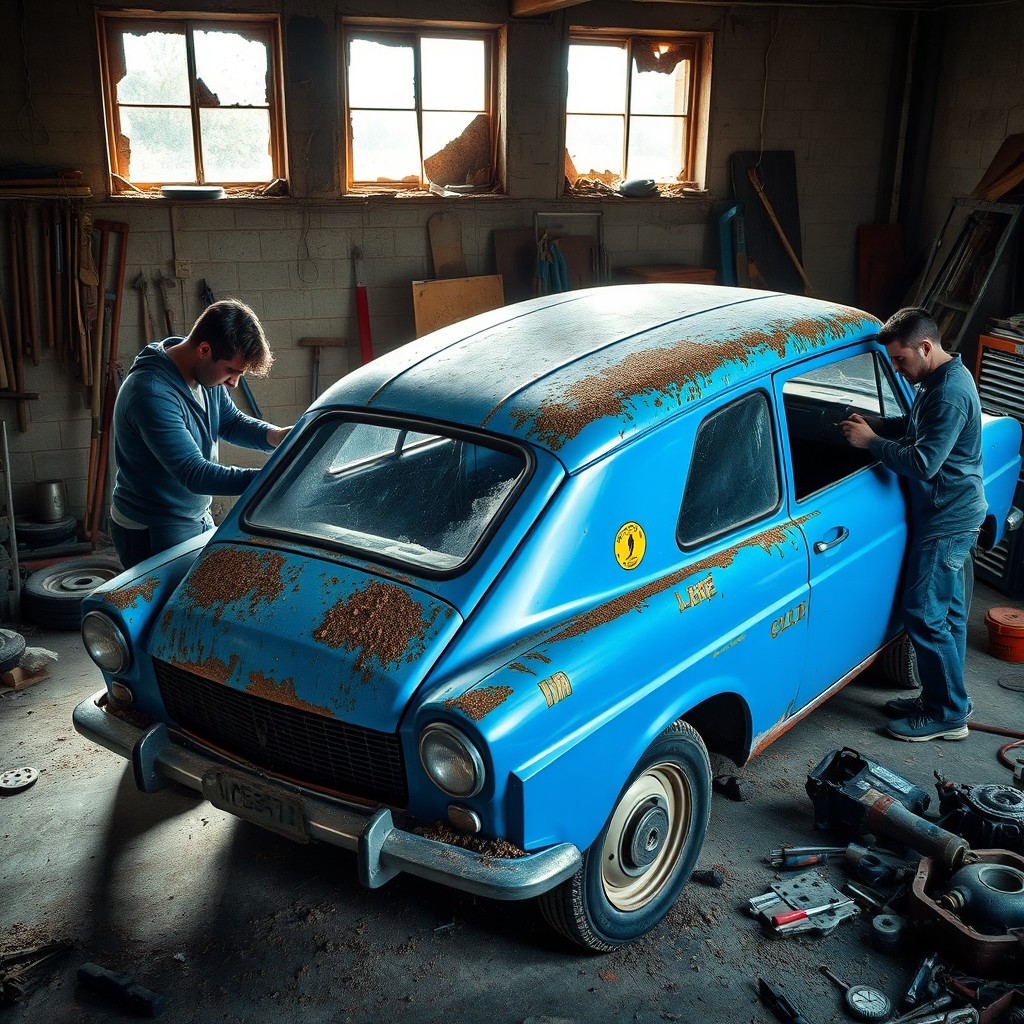 A dramatic transformation scene showcasing a neglected, abandoned Celta car being restored