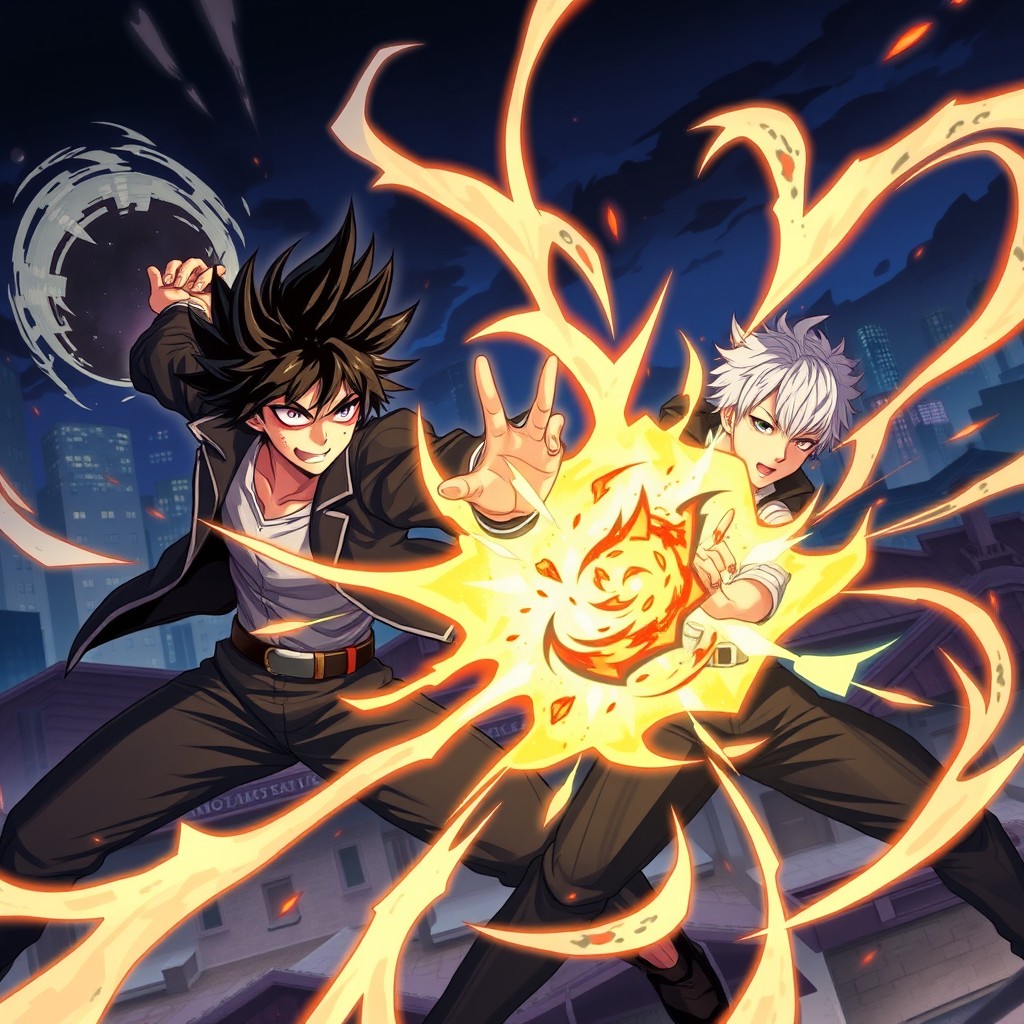 A dynamic scene depicting a high-energy battle between sorcerers in a dark urban environment inspired by Jujutsu Kaisen