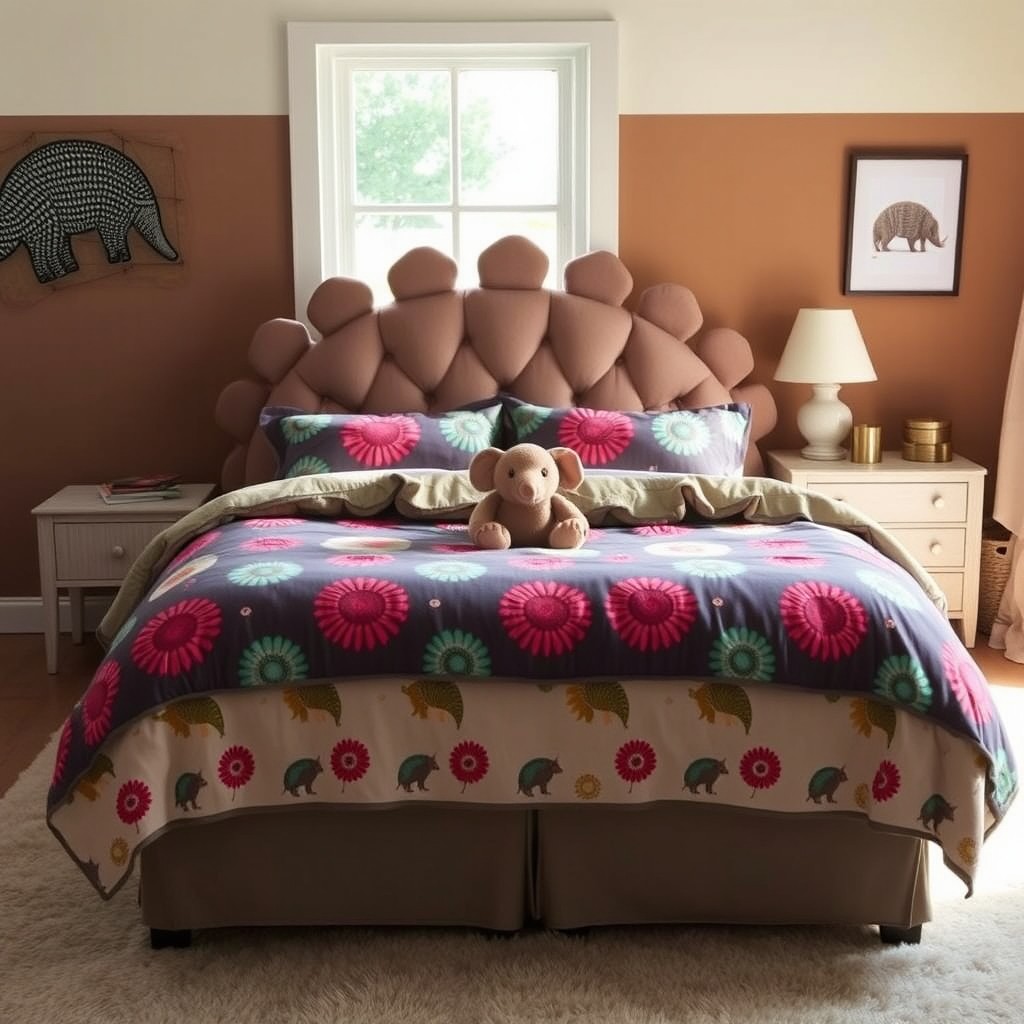 A cozy bed designed with an armadillo theme, featuring a plush armadillo-shaped headboard and a soft bedding set with colorful, eye-catching patterns inspired by armadillos