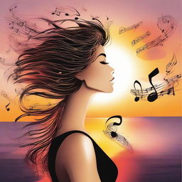 Create an imaginative depiction of a woman in side-profile, her hair made of whimsical musical notes, set against the backdrop of a captivating sunset.