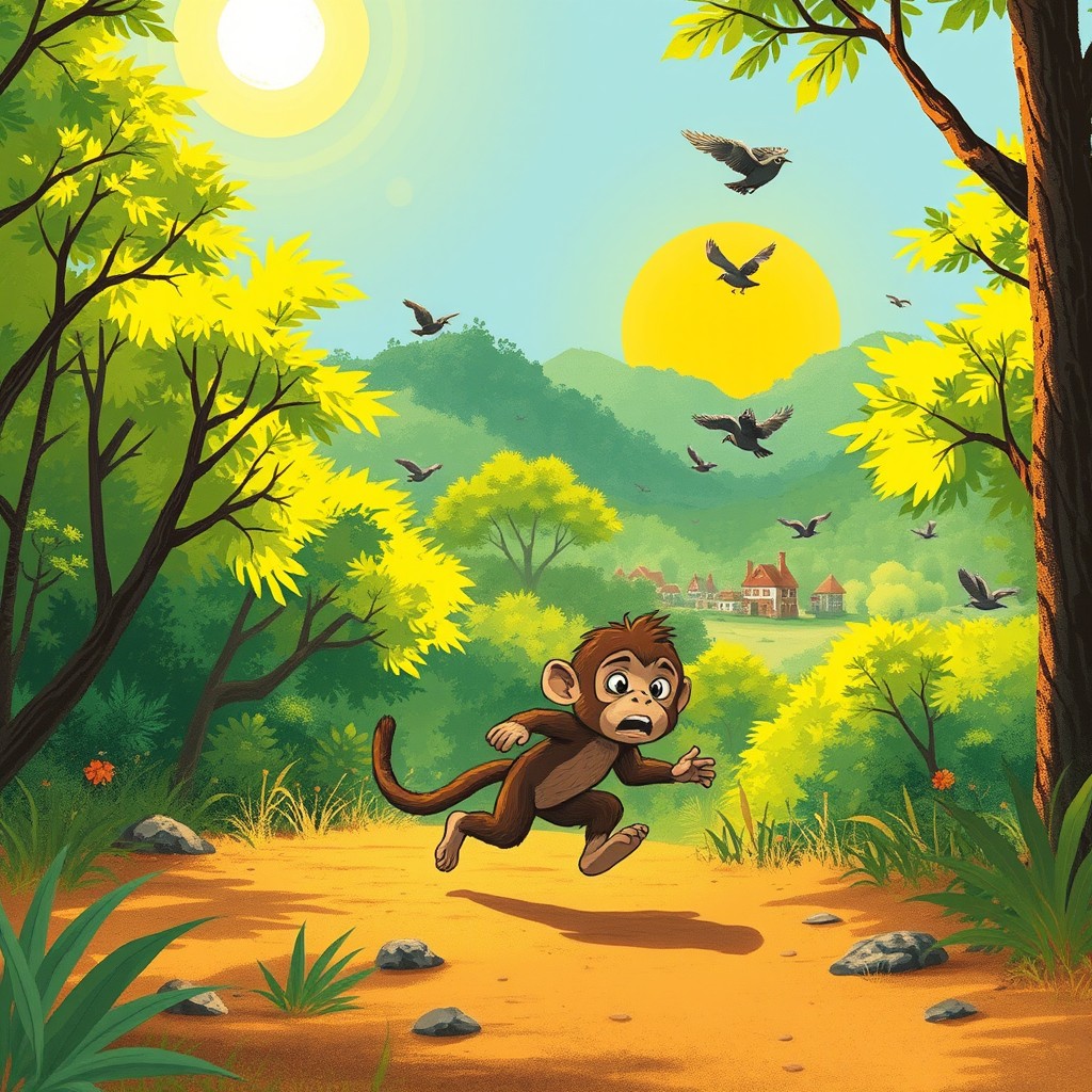On a bright summer day under the shining sun, a little monkey dashes back to its village, racing through a vibrant forest with a look of urgent anxiety on its face