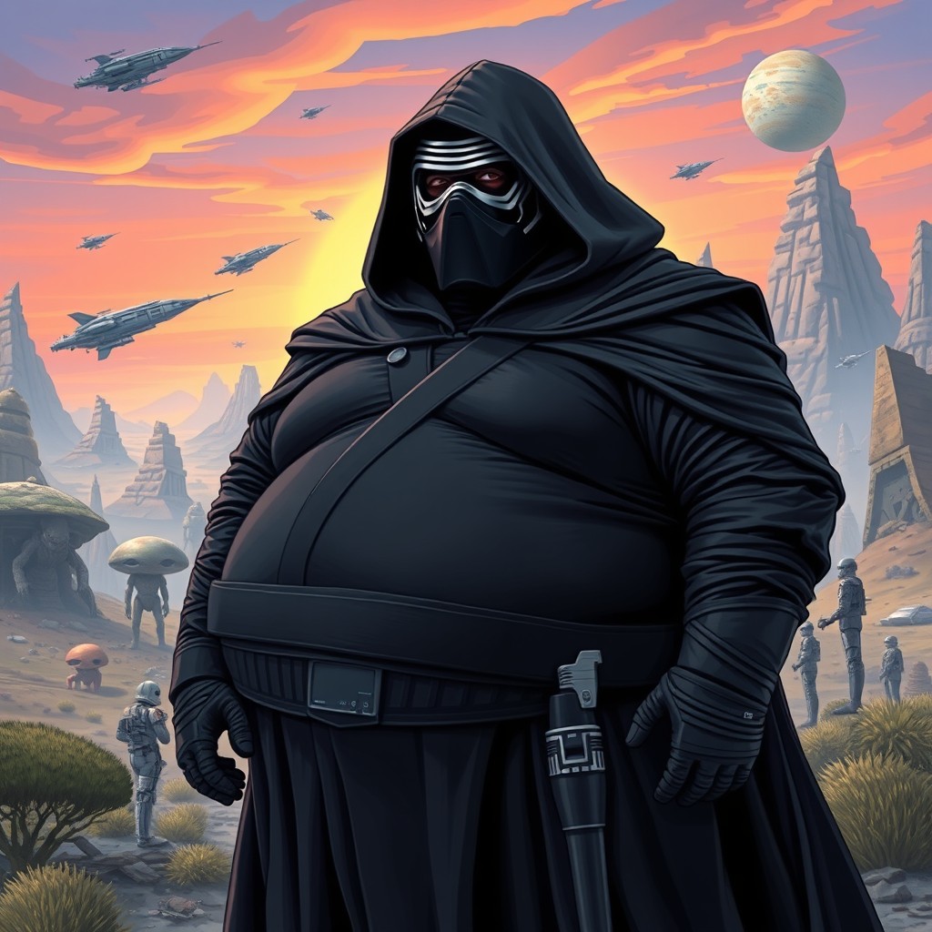 A humorous and exaggerated depiction of Kylo Ren from Star Wars as an extremely overweight character