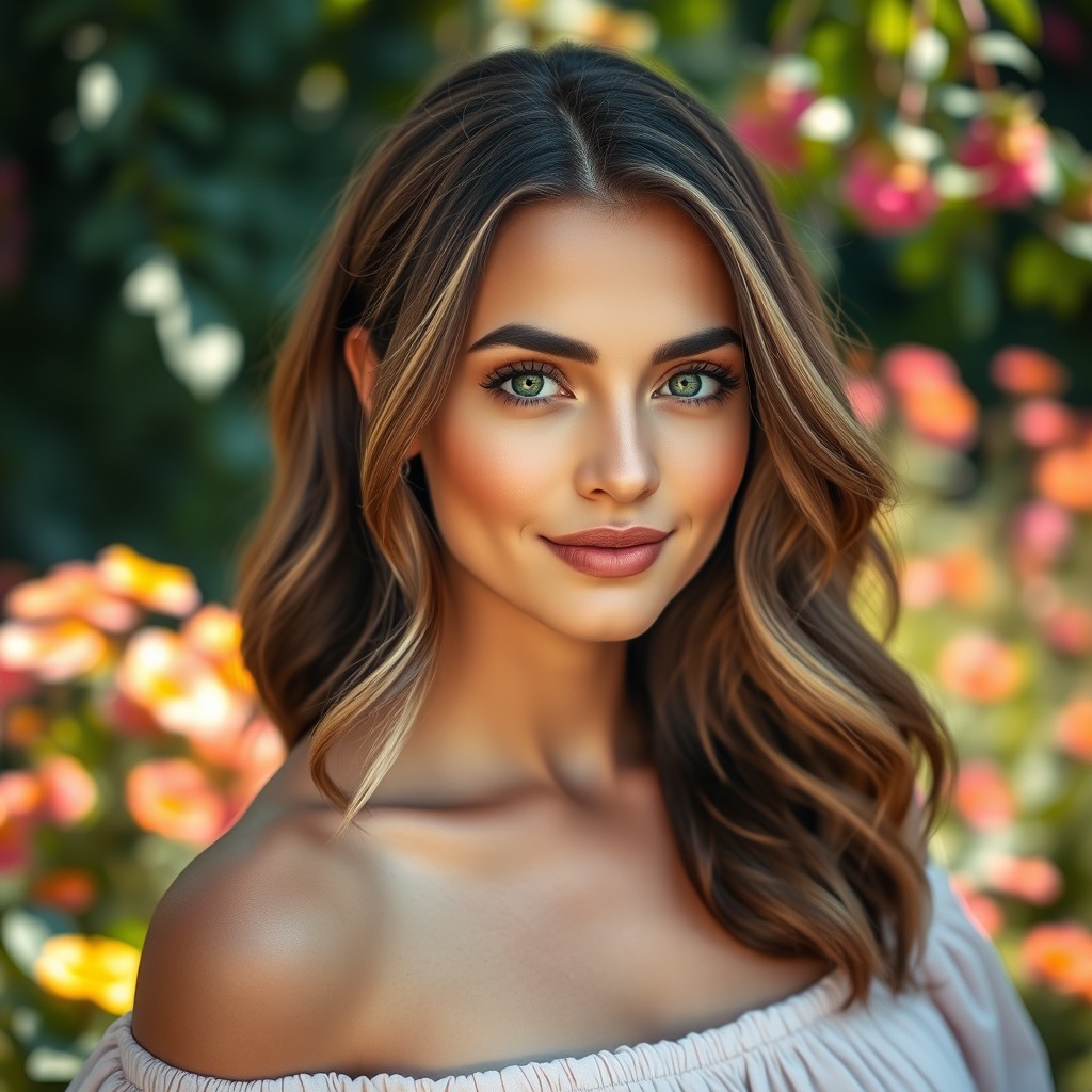 A stunning portrait of a woman named Jaci, featuring medium-length wavy brunette hair with soft highlights, radiant skin, and captivating green eyes