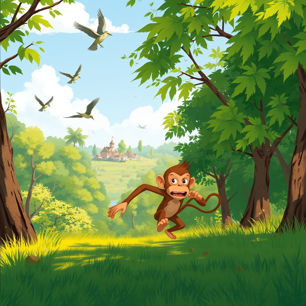 On a sunny summer day, a little monkey is sprinting back to its village, racing through a lush forest with a look of urgent anxiety adorning its face