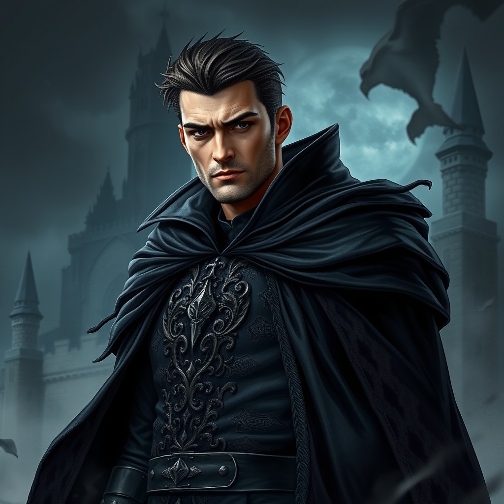 A cold and evil lord, depicted as a handsome and masculine figure with sharp features, exuding a sense of danger and authority
