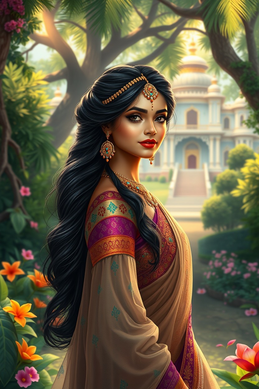 A mesmerizing digital painting of a beautiful Indian princess, adorned in an intricately designed royal outfit featuring vibrant colors and elaborate patterns