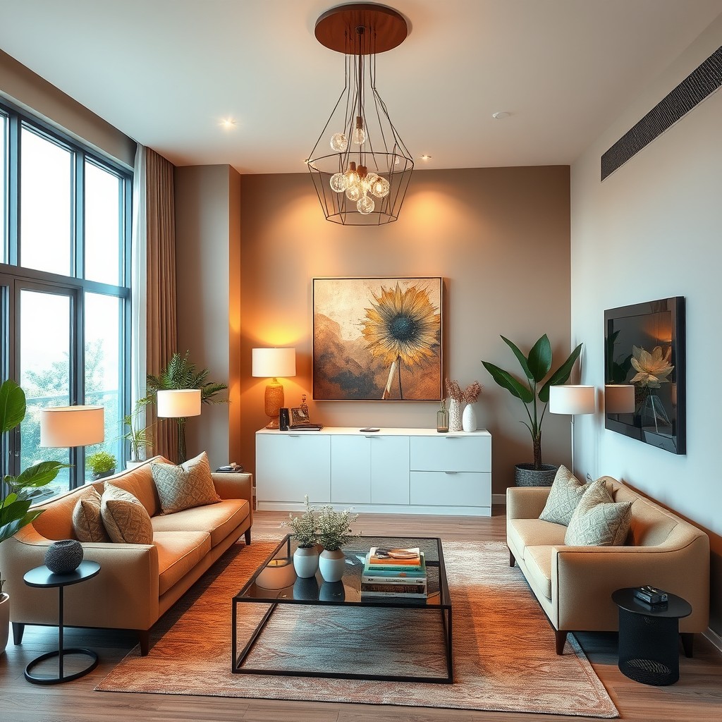 A beautifully designed modern living room featuring warm tones, elegant furniture, and decorative accents that create a cozy atmosphere