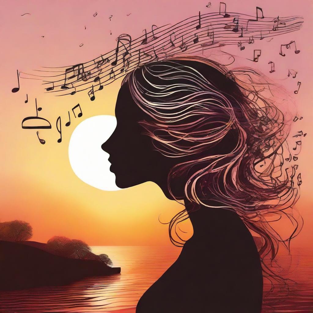 Create an imaginative depiction of a woman in side-profile, her hair made of whimsical musical notes, set against the backdrop of a captivating sunset.