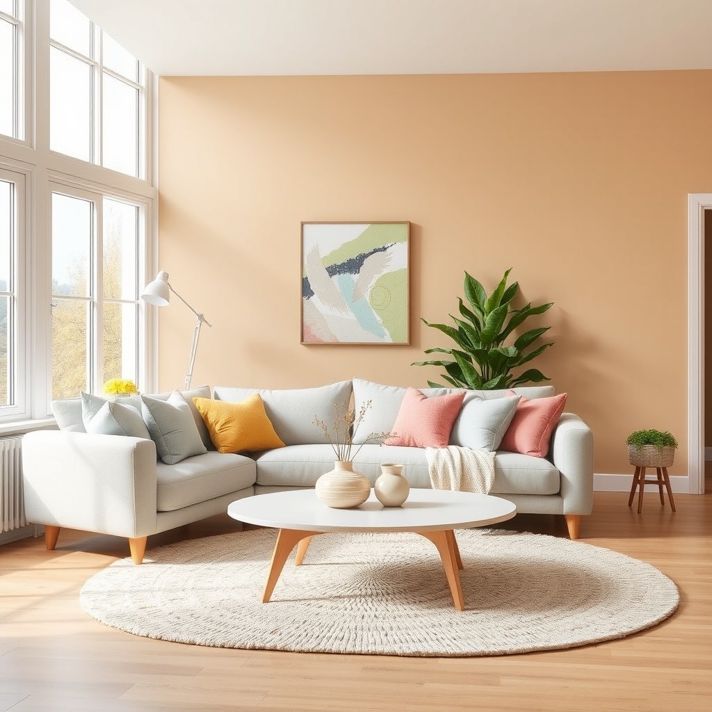 A beautifully decorated living room, featuring a modern Scandinavian design with soft pastel colors, a cozy sofa adorned with colorful throw pillows, a stylish coffee table with a unique centerpiece, and large windows allowing natural light to flood in