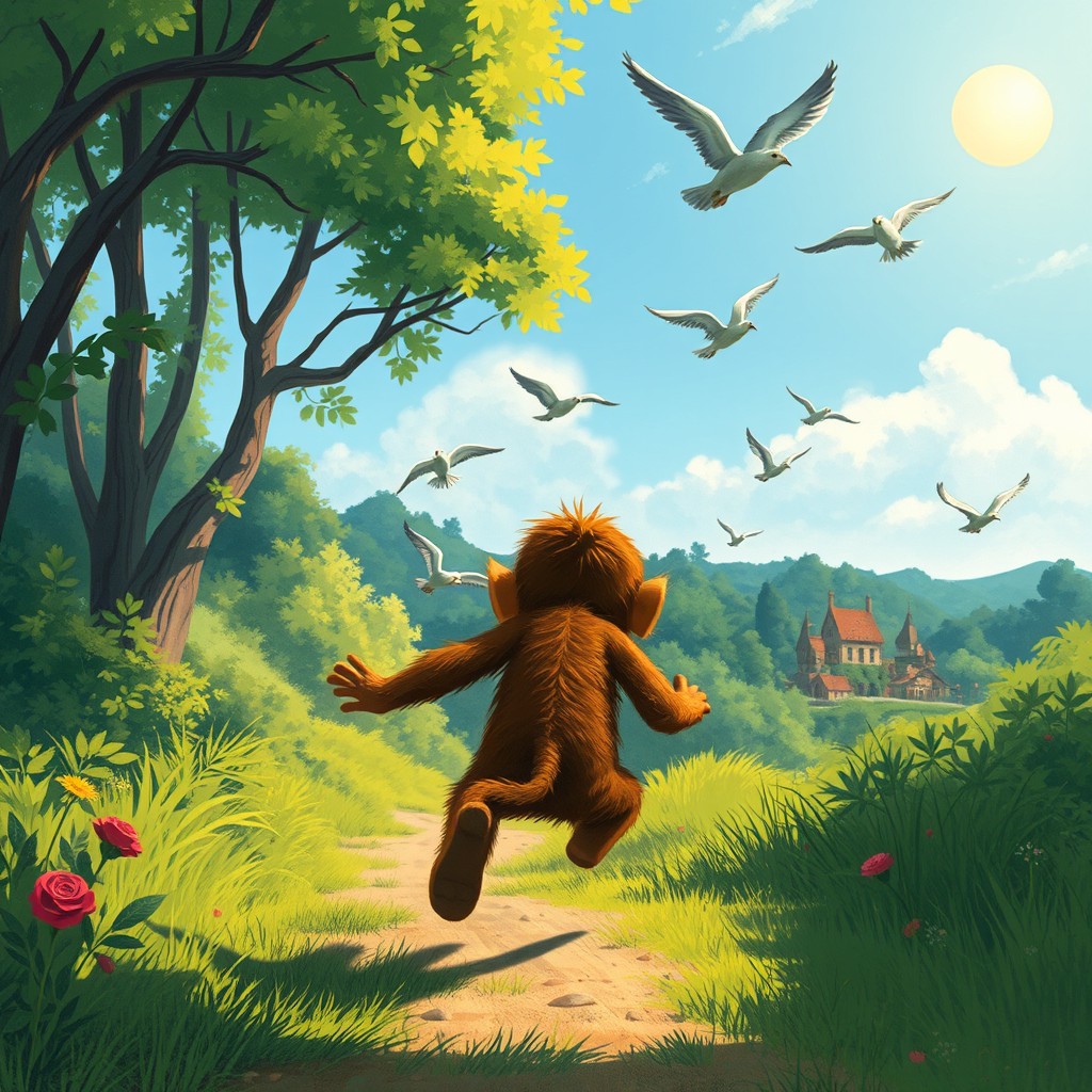 On a sunny summer day, a little monkey is sprinting back to its village, depicted from behind as it runs through a lush forest