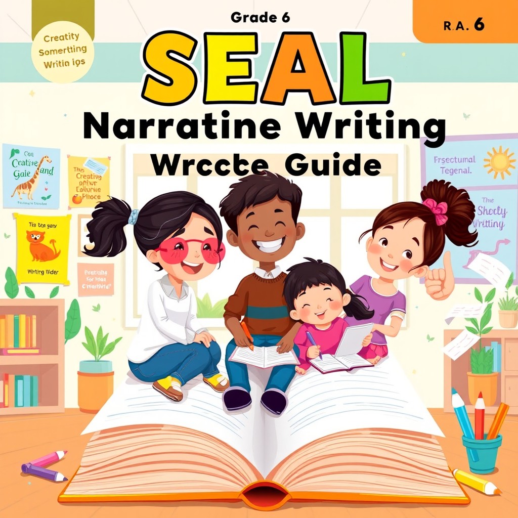 A visually engaging and informative guide cover design for a Grade 6 creative and narrative writing guide titled 'SEAL Creative and Narrative Writing Guide'