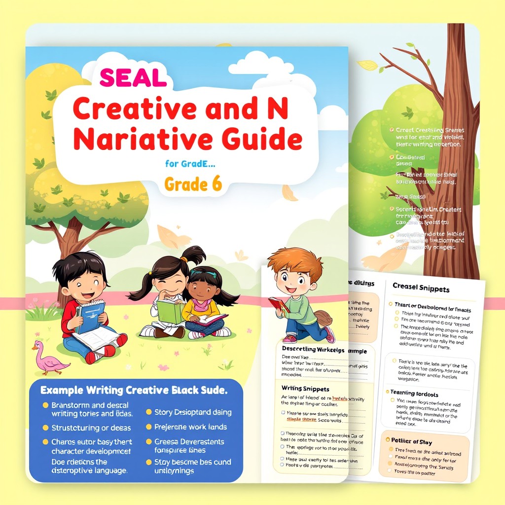 A comprehensive guidebook for 6th graders on creative and narrative writing, featuring engaging illustrations and colorful layouts