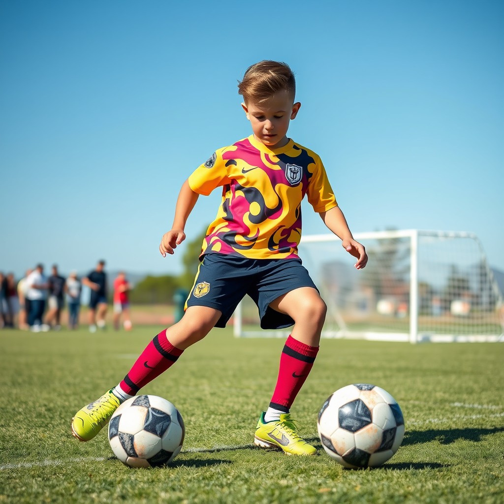 A teenage boy dressed in vibrant soccer gear, featuring a bright jersey with dynamic patterns, shorts, and high-tech soccer cleats