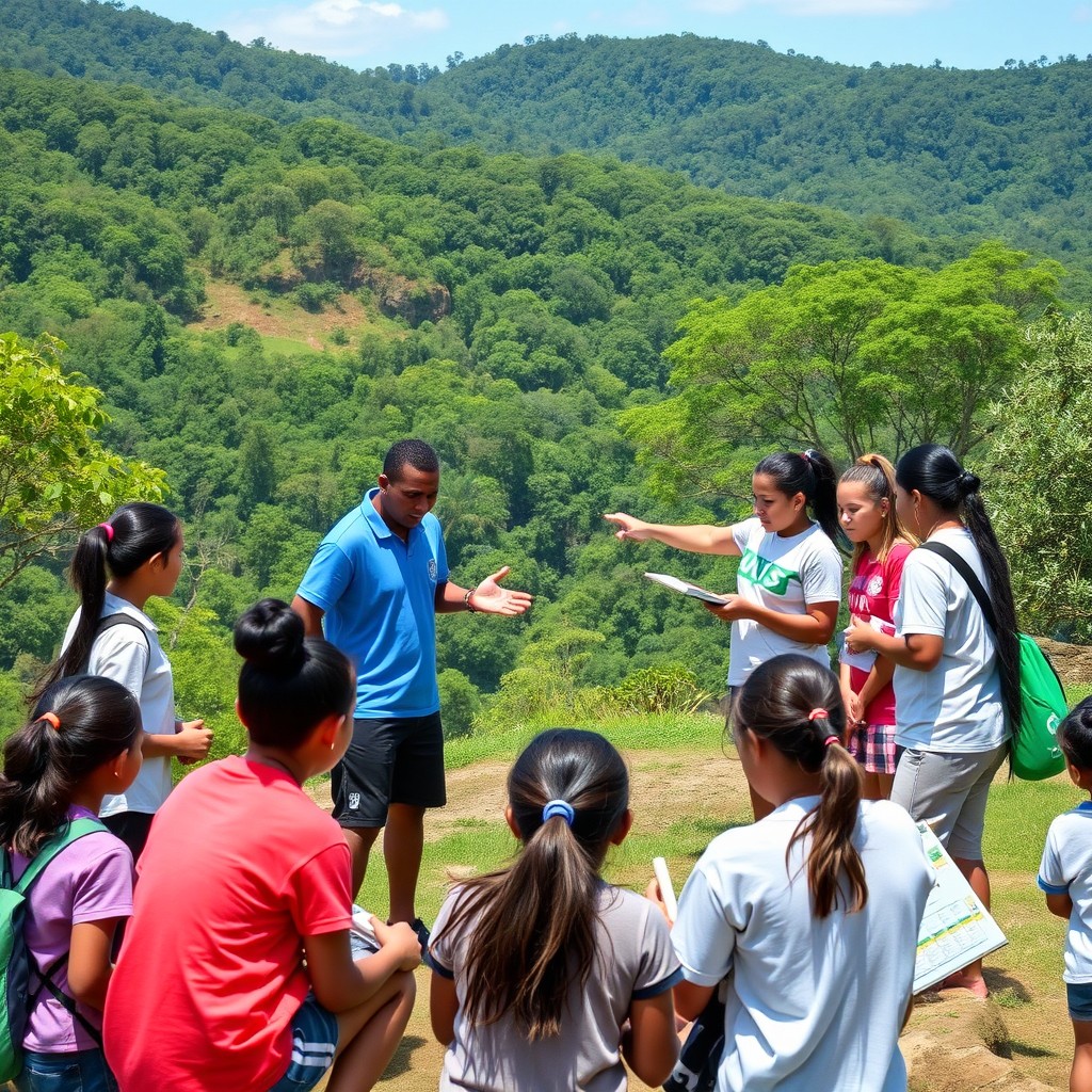 An educational scene showcasing a high school physical education class integrating environmental practices in Rio Grande do Norte, Brazil