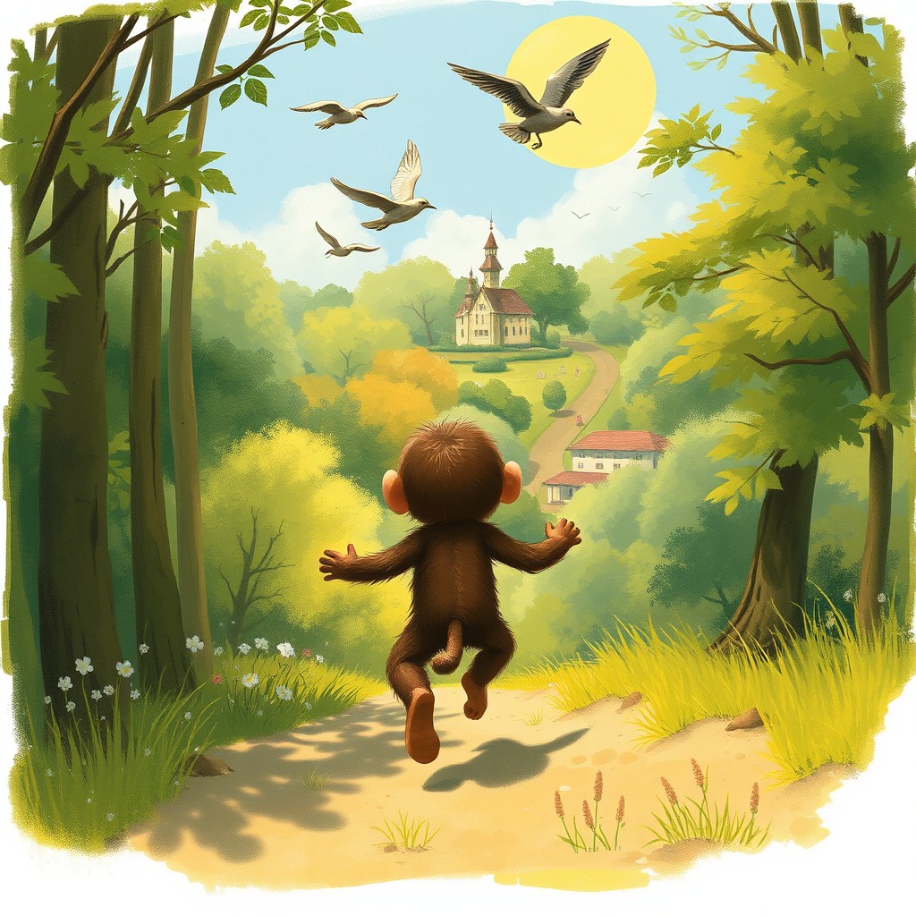 On a sunny summer day, a little monkey is joyfully running back to its village, depicted from behind as it navigates through a dense and vibrant forest