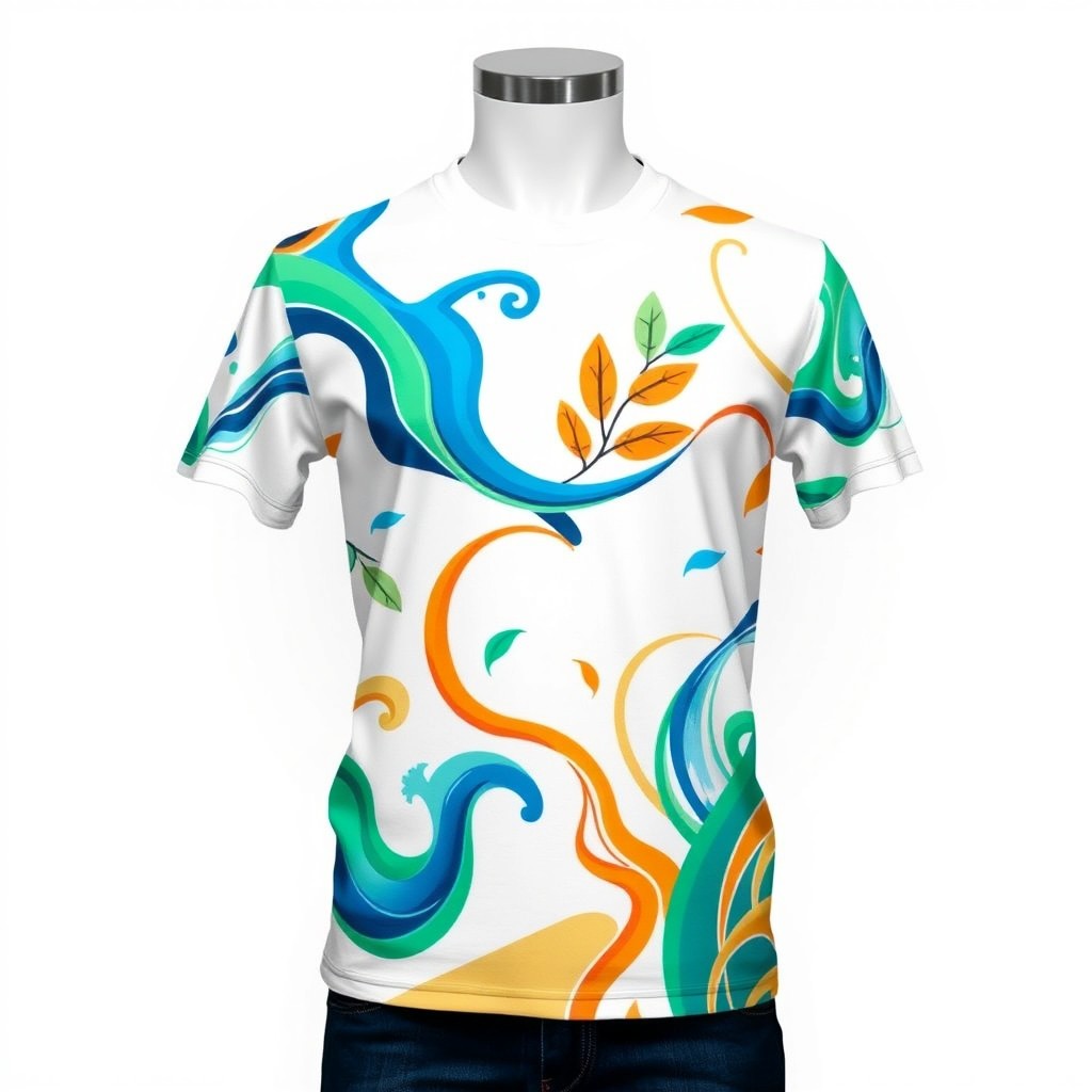 A stylish and creative t-shirt design featuring a vibrant abstract pattern with swirling shapes and colors including blue, green, and orange