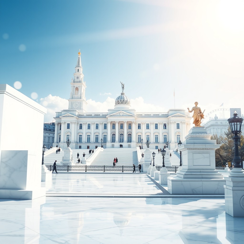 A hyper-realistic image of a futuristic London, envisioned as a shining utopia where everything is crafted from white marble