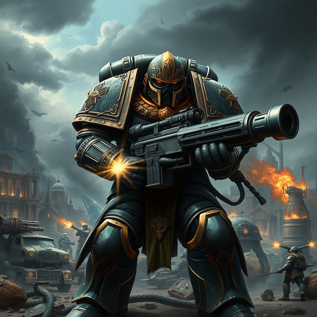 A detailed, high-quality illustration of a Warhammer 40k scene, featuring a fierce Space Marine in intricate armor, wielding a heavy bolter