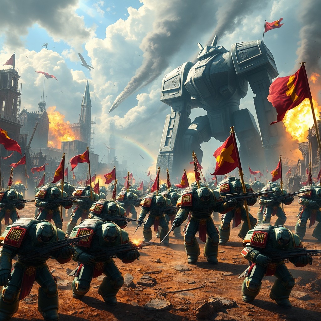 A highly detailed Warhammer 40k battlefield scene, featuring epic space marines in power armor charging into battle against a backdrop of a devastated cityscape
