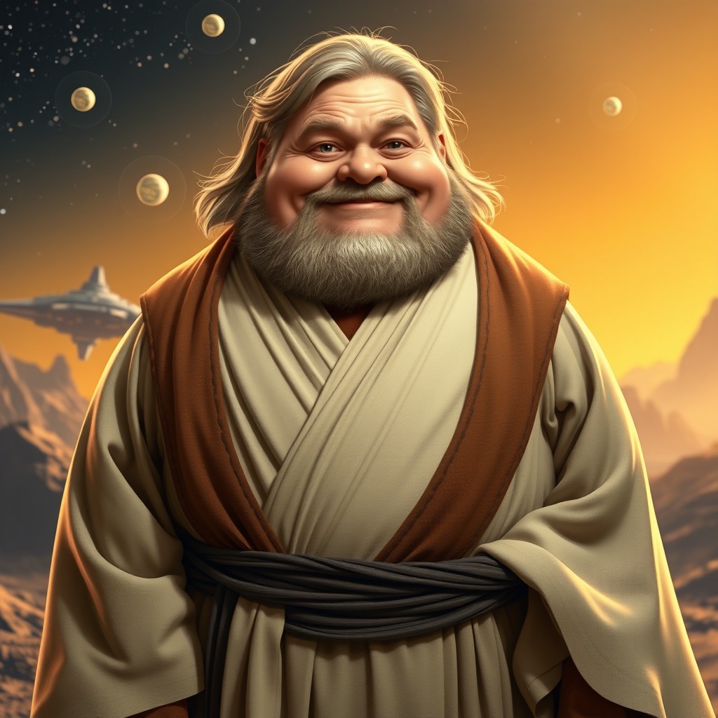 A very overweight version of Obi-Wan Kenobi, dressed in traditional Jedi robes