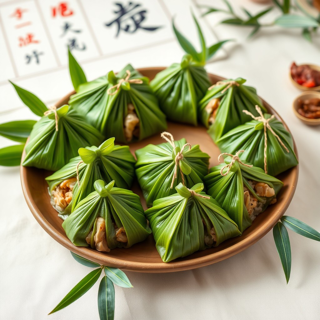 A beautifully arranged platter of zong zi, traditional Chinese bamboo leaf dumplings filled with glutinous rice, savory pork, mushrooms, and chestnuts