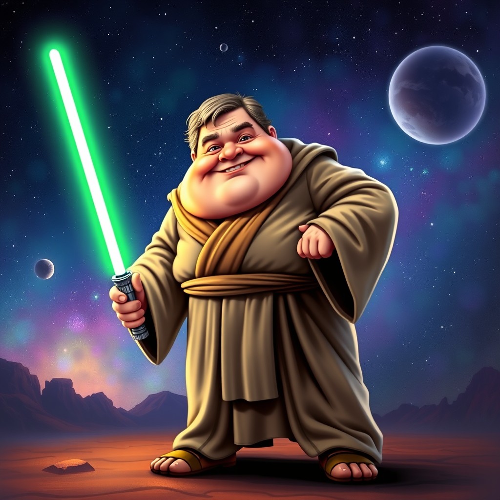 A comically overweight version of Obi-Wan Kenobi, complete with his iconic Jedi robes, wielding a glowing lightsaber
