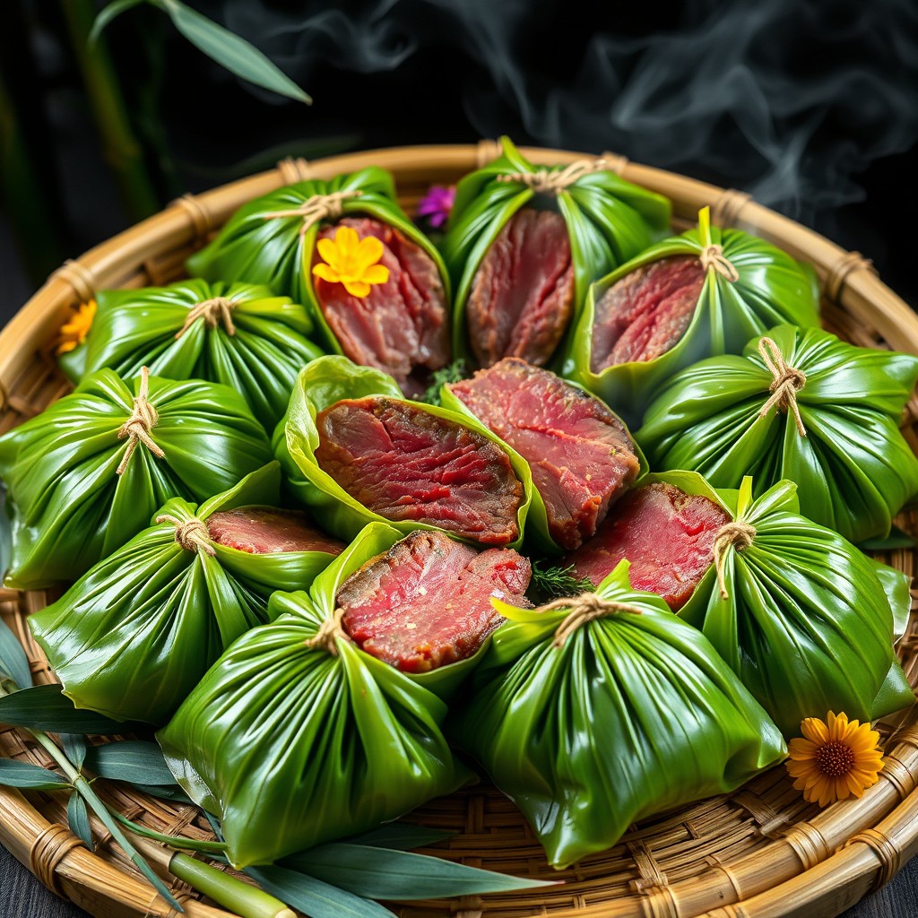 A visually stunning array of elemental zongzi featuring premium wagyu beef, beautifully wrapped in fresh bamboo leaves