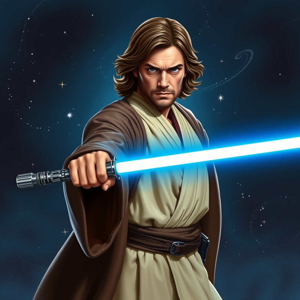 A heroic depiction of Obi-Wan Kenobi, a Jedi Master, wielding his iconic blue lightsaber, standing in a confident stance