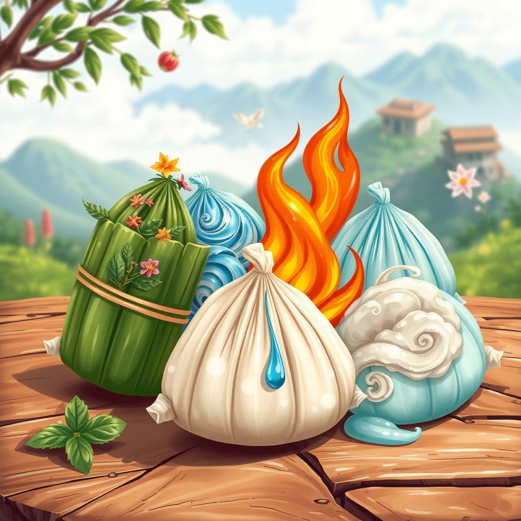 A highly detailed illustration of zongzi (sticky rice dumplings) styled with elemental themes