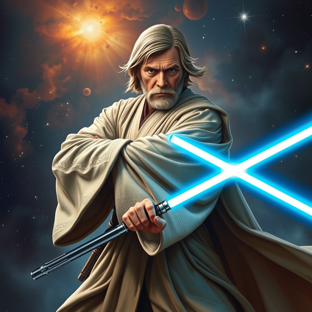 An incredibly detailed and striking portrayal of Obi-Wan Kenobi, depicted as a wise and powerful Jedi Knight in a dynamic pose