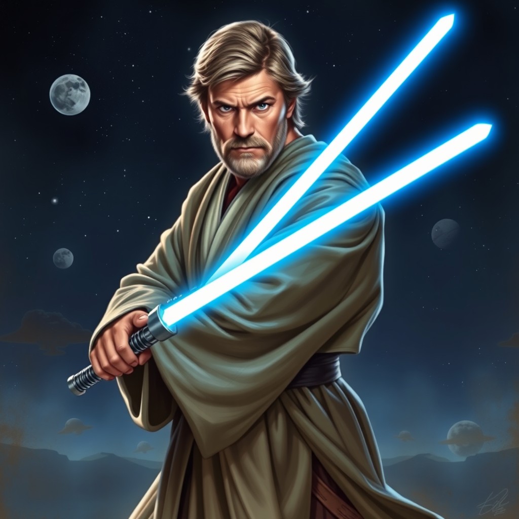 A very cool Jedi Obi-Wan Kenobi, portrayed with striking realism, wielding a vibrant blue lightsaber