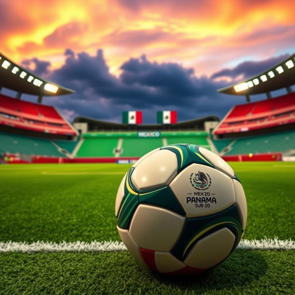 Un estadio de fútbol moderno e iluminado al atardecer, con césped verde vibrante y líneas perfectamente marcadas