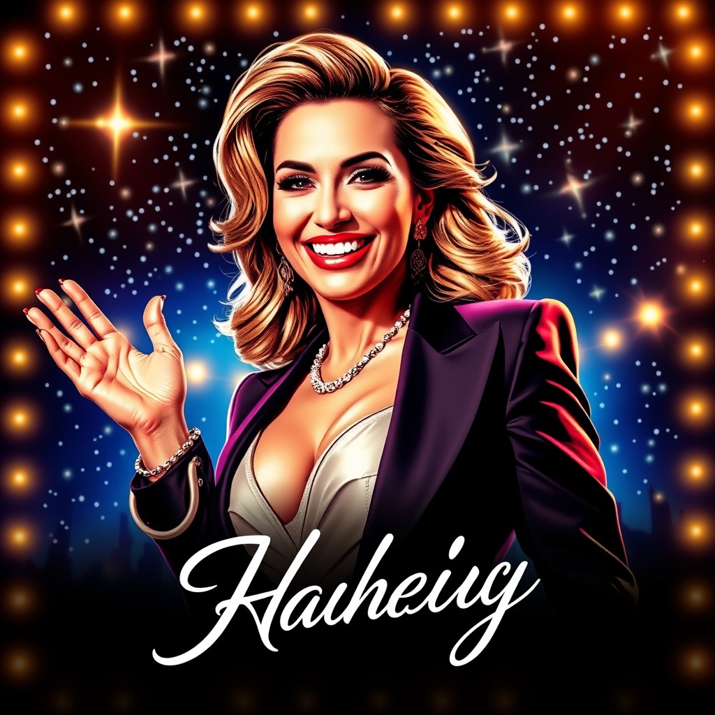 A vibrant and eye-catching celebrity poster featuring a charismatic, glamorous star with a dazzling smile and an engaging pose, set against a starry night background