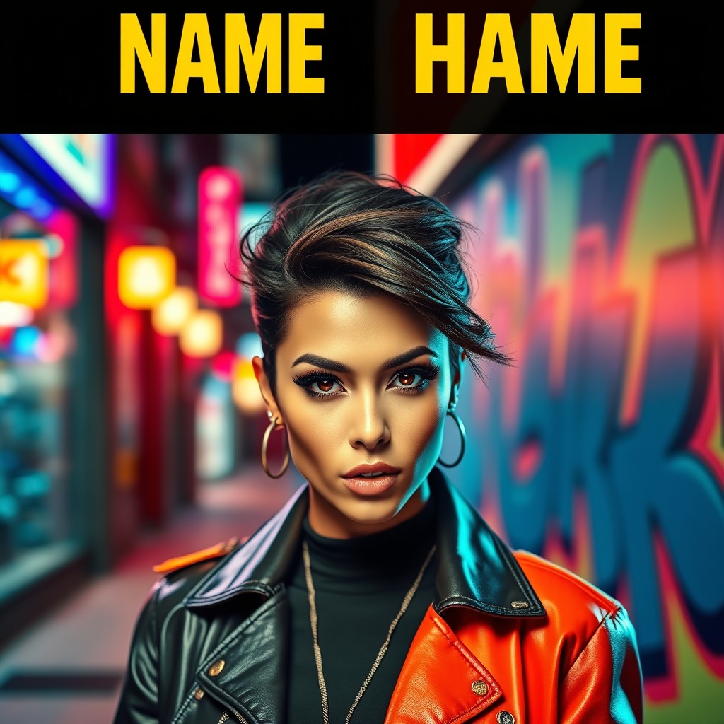 A vibrant and stylish poster featuring a glamorous celebrity, shot in an urban setting
