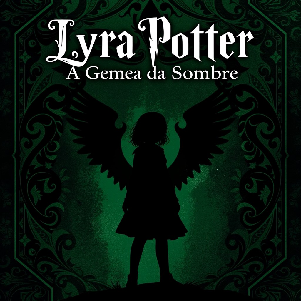 A fanfic cover featuring the title 'Lyra Potter: A Gêmea da Sombra' prominently displayed at the top in an elegant, mystical font