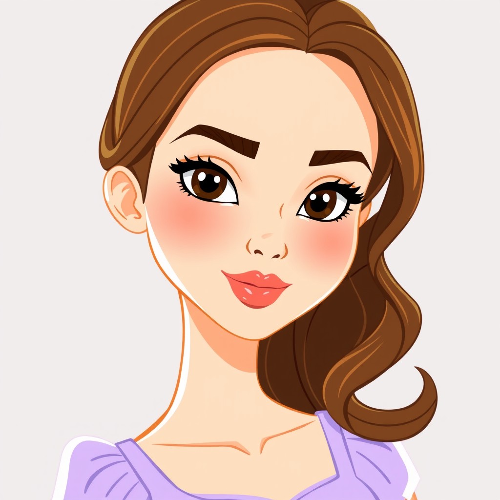 A cartoon character featuring a beautiful woman with a symmetrical face and smooth, glowing complexion