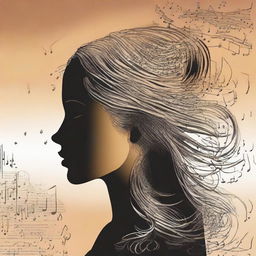 Craft a detailed drawing of a side-profile woman, her hair constructed of musical notes amidst a sunset setting. A man is present, observing her from a distance.