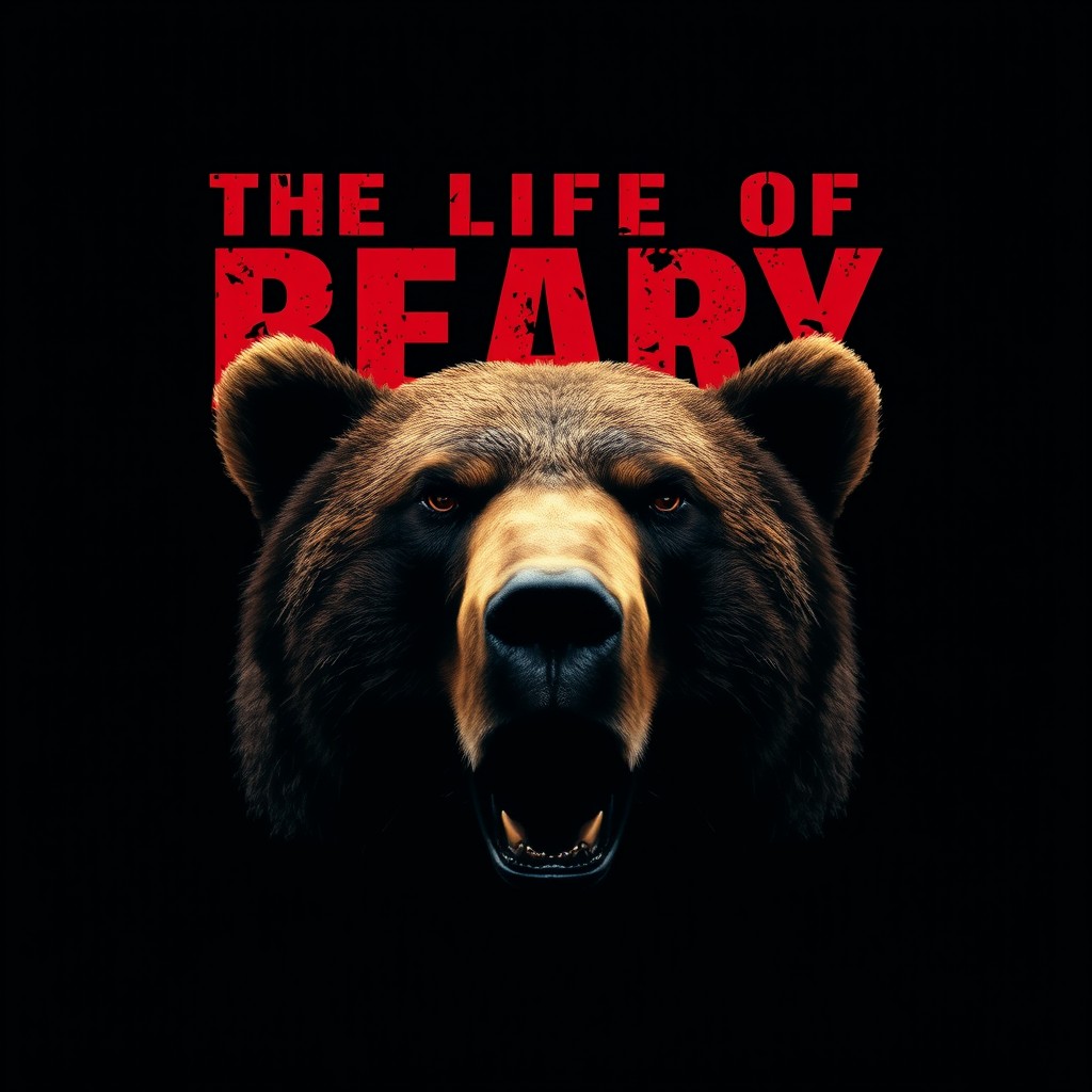 A movie cover featuring a striking bear face prominently in the foreground against a solid black background