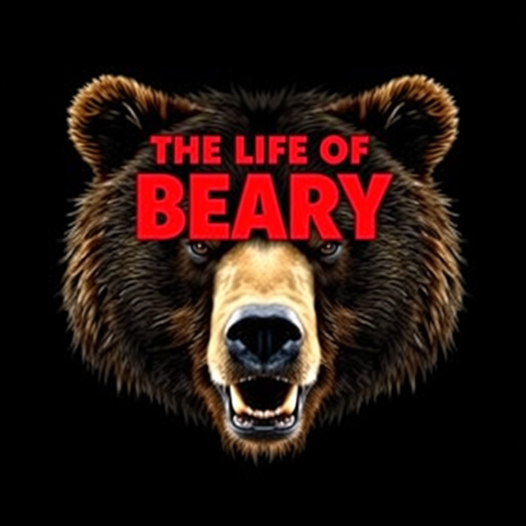 A movie cover featuring a striking bear face prominently displayed against a black background