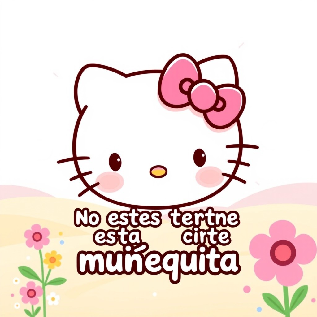 A cute, cartoon-style illustration of Hello Kitty with her iconic bow, smiling sweetly at the viewer, saying in a playful, bubbly font "No estés triste muñequita"