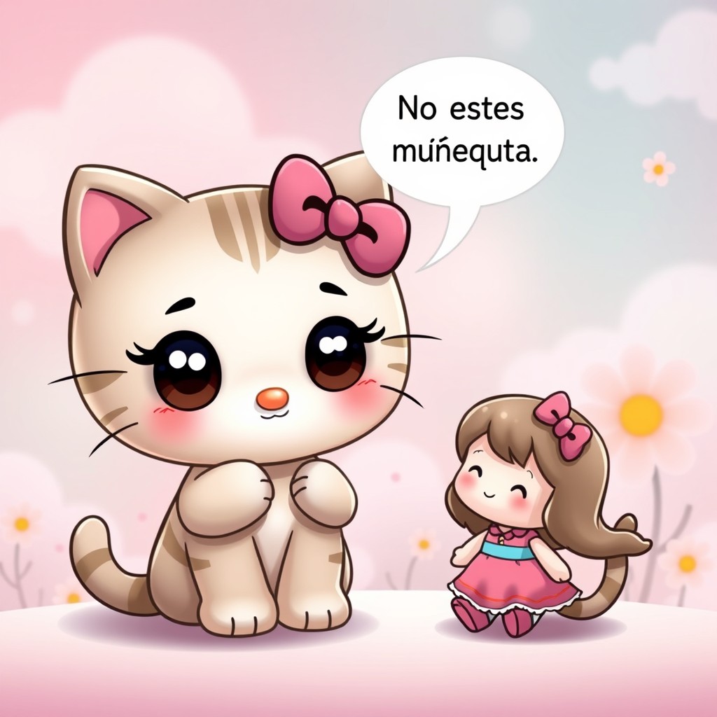 A cute and cheerful cartoon character resembling a cat, inspired by Hello Kitty, is speaking to a small doll