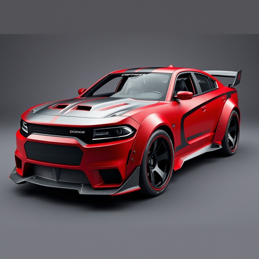 A 2025 Dodge Charger Daytona hatchback concept car, heavily modified in the Metal Maniacs style from Hot Wheels AcceleRacers, features aggressive hot rod modifications