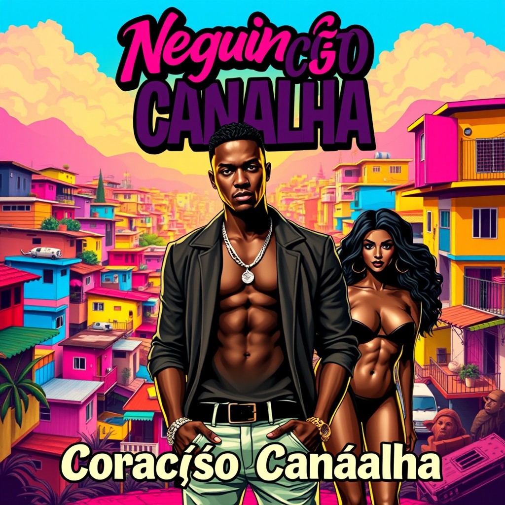A vibrant album cover for a funk song titled 'Coração Canalha'