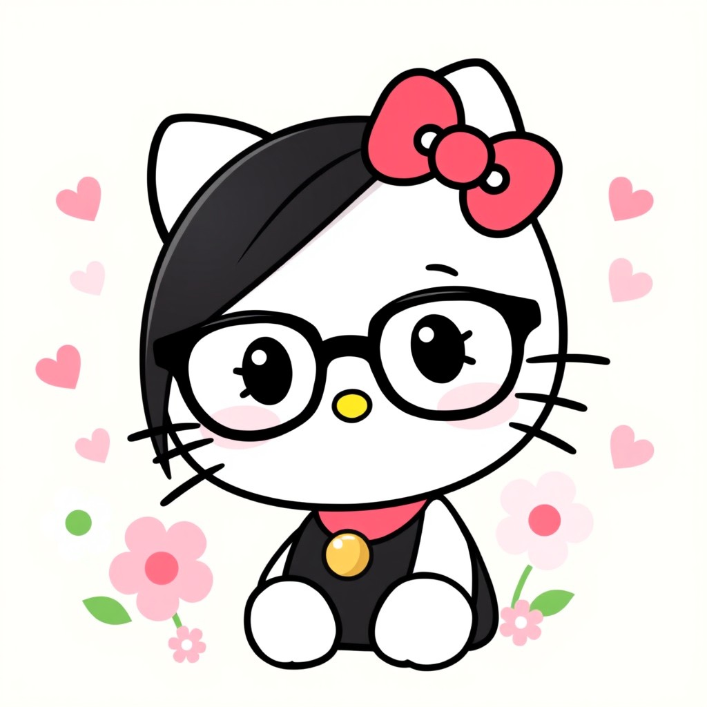 Hello Kitty with sleek black hair and wearing black glasses, in a cute and stylized cartoon design
